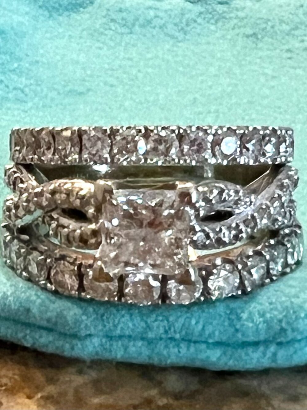 3-piece White Gold and Genuine Diamonds Engagement Ring and Two Wedding Band Set